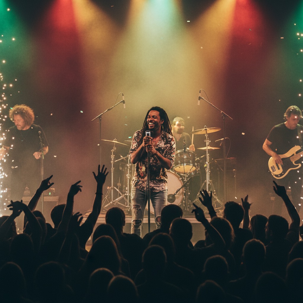 A band performs on a stage under bright spotlights before a cheering crowd.